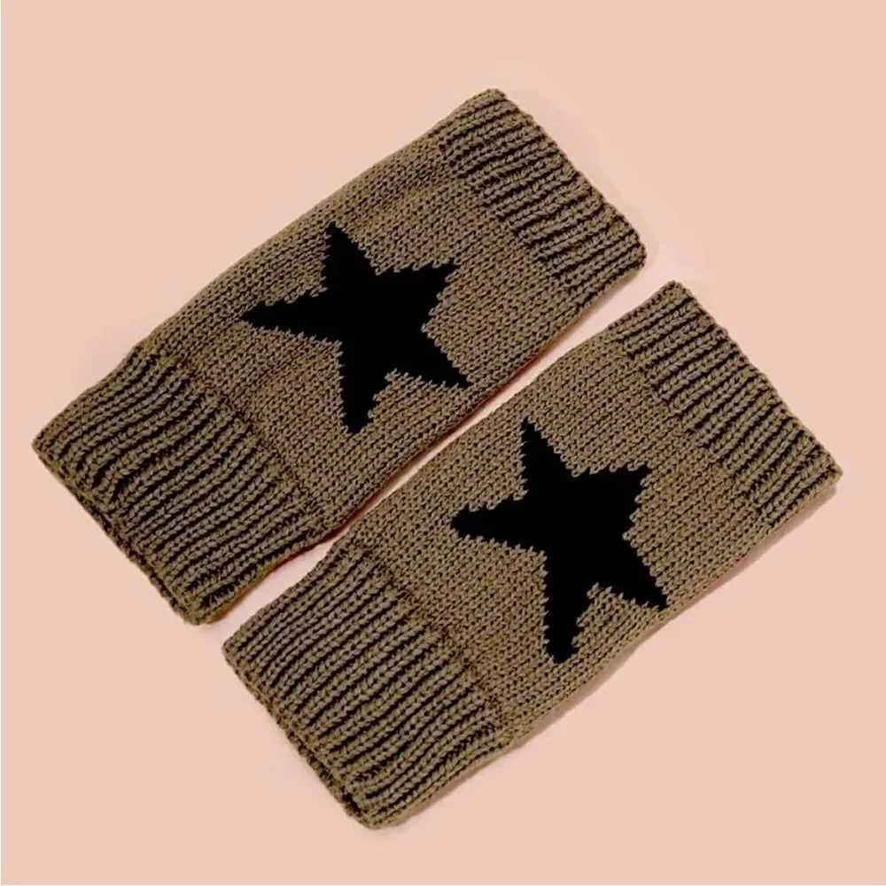 Knit Fingerless Gloves Hand Warmers with Black Star Design